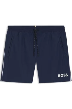 Badeshorts mit kontrastfarbenem Logo und Paspelierung