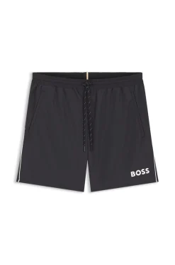 Badeshorts mit kontrastfarbenem Logo und Paspelierung