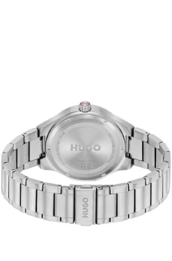 Beleuchtete Uhr mit Gliederarmband und schwarzem Zifferblatt