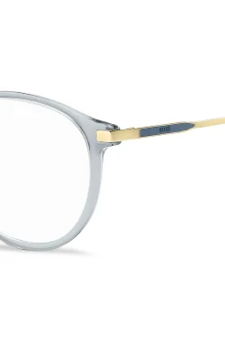 Blaugraue Brillenfassung mit goldfarbenen Details