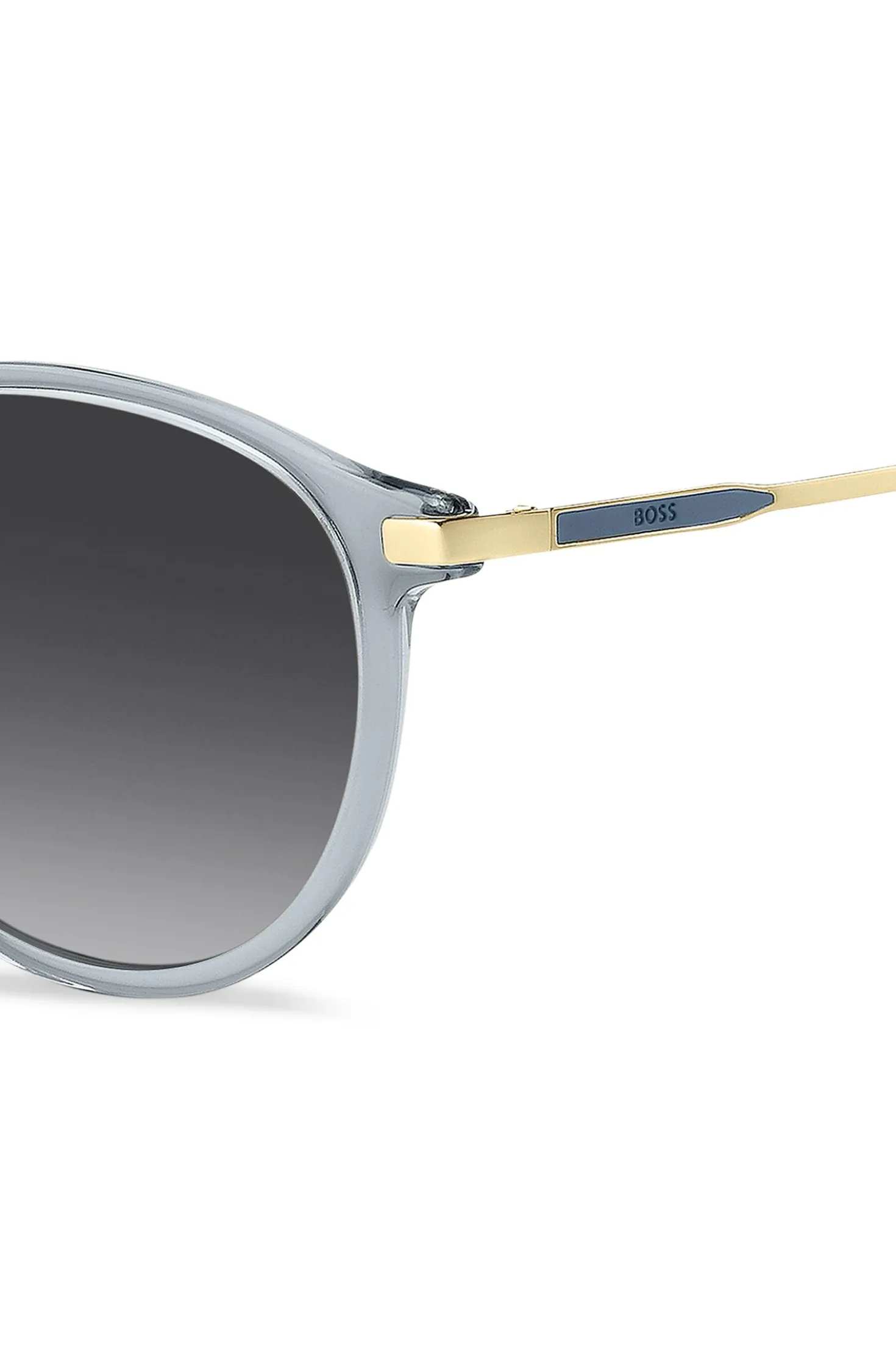 Blaugraue Sonnenbrille mit goldfarbenen Bügeln