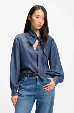 Bluse in Denim-Optik mit Schal-Detail