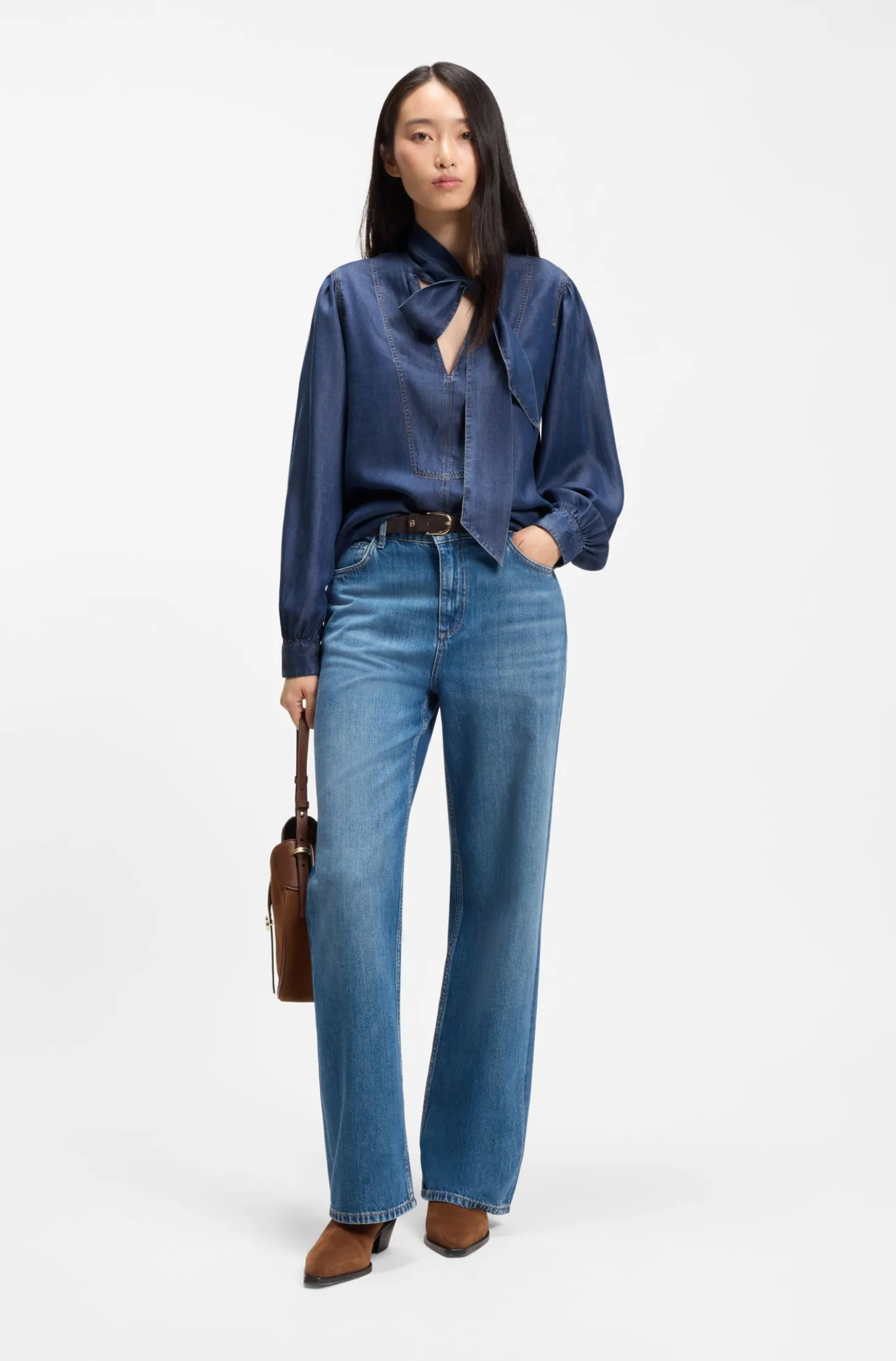 Bluse in Denim-Optik mit Schal-Detail