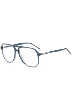 Brillenfassung aus blauem Acetat mit röhrenförmigen Bügeln