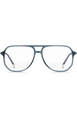 Brillenfassung aus blauem Acetat mit röhrenförmigen Bügeln