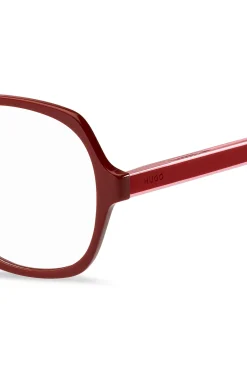 Brillenfassung aus rotem Acetat mit mehrlagigen Bügeln