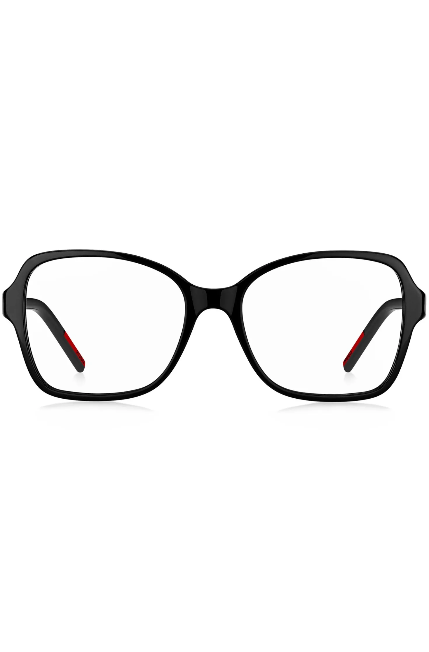 Brillenfassung aus schwarzem Acetat mit Logo an den Bügeln