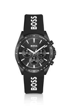 Chronograph mit schwarzem Zifferblatt und Silikonarmband mit Logo