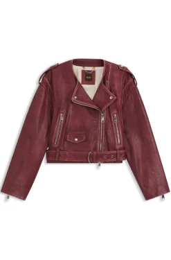 Cropped-Bikerjacke aus genarbtem Leder