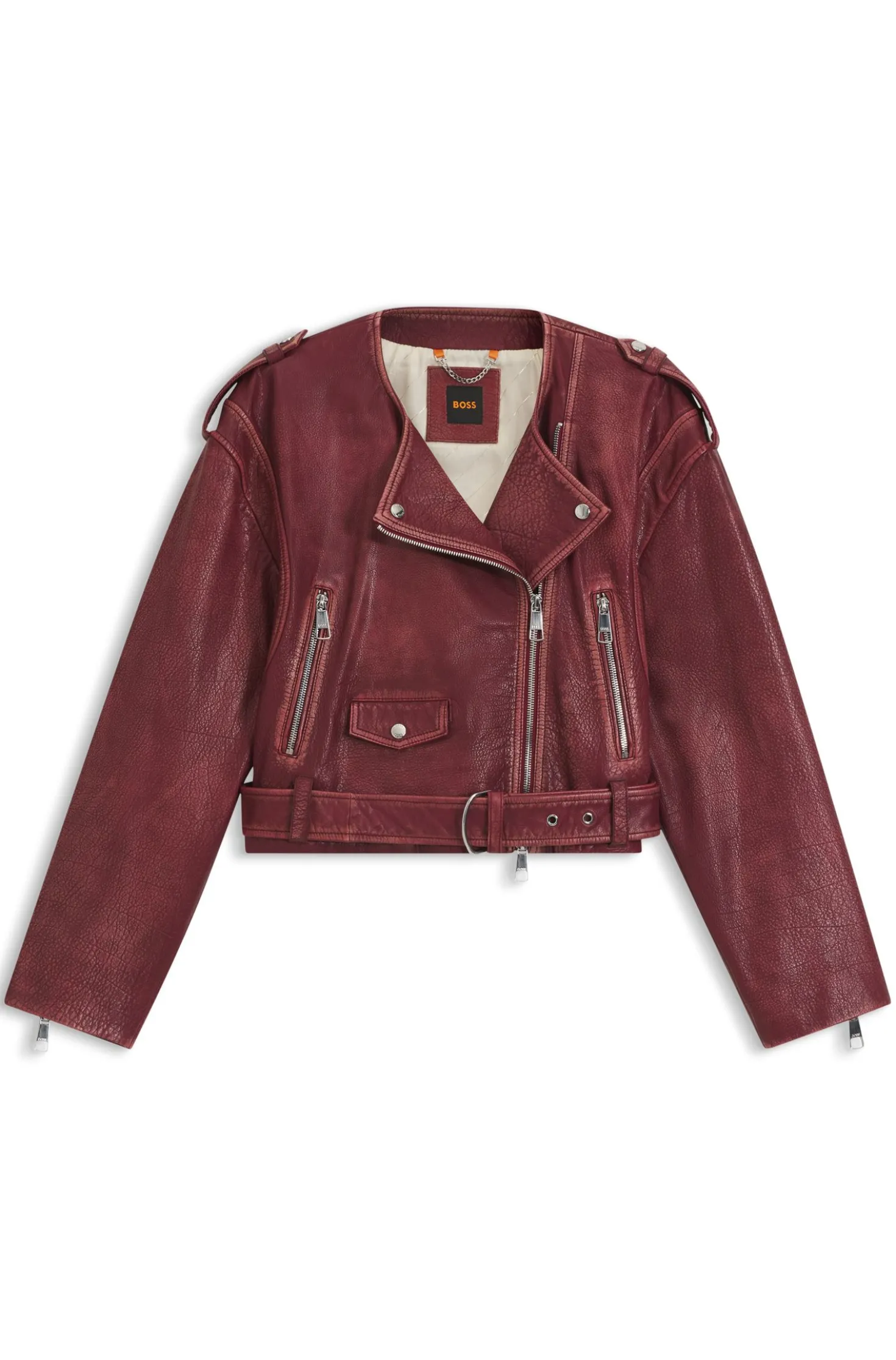 Cropped-Bikerjacke aus genarbtem Leder