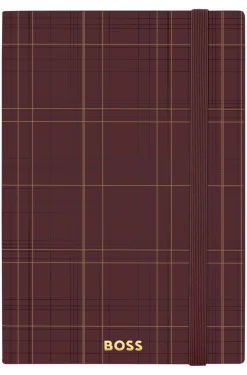 DIN-A5-Notizbuch mit bordeauxfarbenem Karo-Print und goldfarbenem Logo