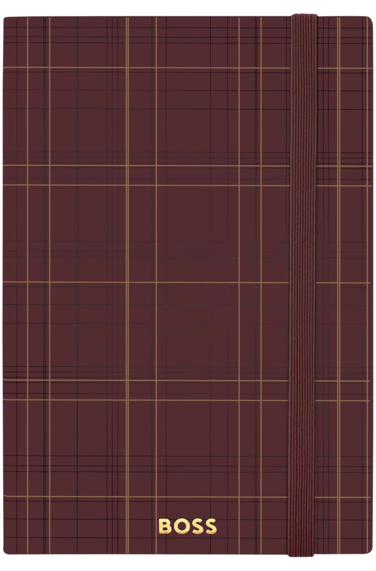 DIN-A5-Notizbuch mit bordeauxfarbenem Karo-Print und goldfarbenem Logo