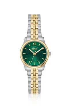 Elegante zweifarbige Uhr mit sonnenstrahlenförmig gemustertem Zifferblatt