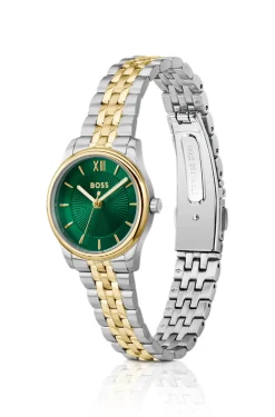 Elegante zweifarbige Uhr mit sonnenstrahlenförmig gemustertem Zifferblatt