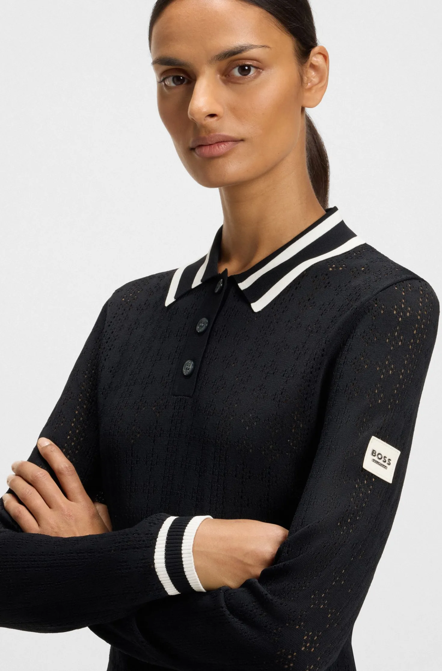 Equestrian Ajour-Strick-Poloshirt mit Logo-Patch