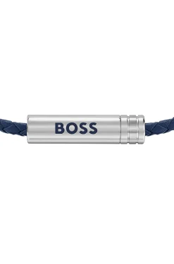 Geflochtenes Armband aus blauem Leder mit Logo-Plakette