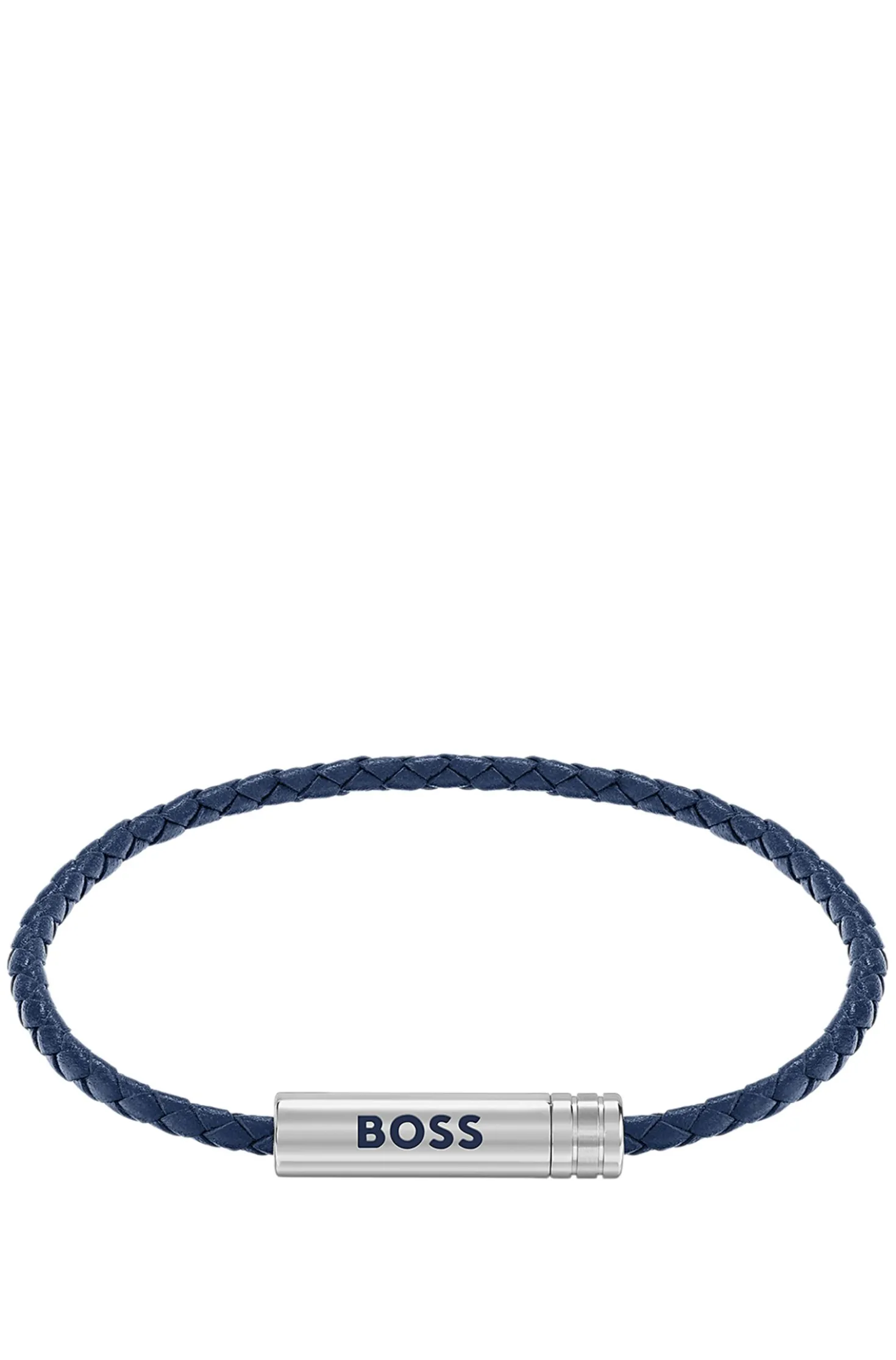 Geflochtenes Armband aus blauem Leder mit Logo-Plakette
