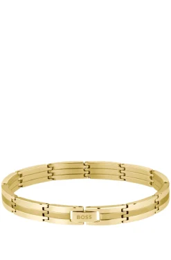Goldfarbenes gestreiftes Armband mit Logo-Schließe