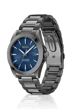 Grau beschichtete Uhr mit blauem geriffeltem Zifferblatt
