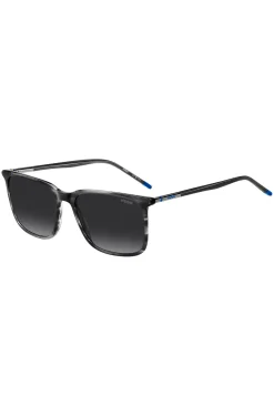 Graue Sonnenbrille aus gemustertem Acetat mit röhrenförmigen Metallbügeln