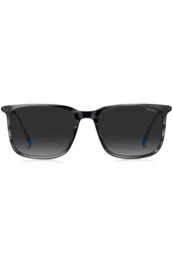 Graue Sonnenbrille aus gemustertem Acetat mit röhrenförmigen Metallbügeln