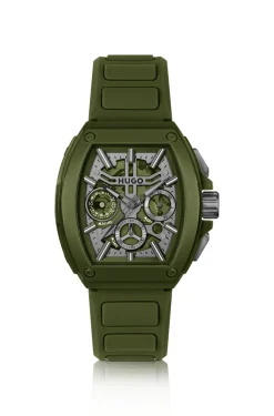 Grüne Uhr mit skelettiertem Zifferblatt und Silikonarmband