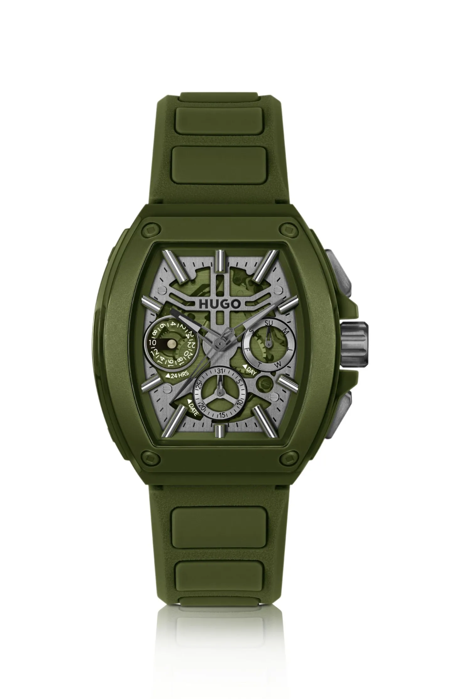 Grüne Uhr mit skelettiertem Zifferblatt und Silikonarmband