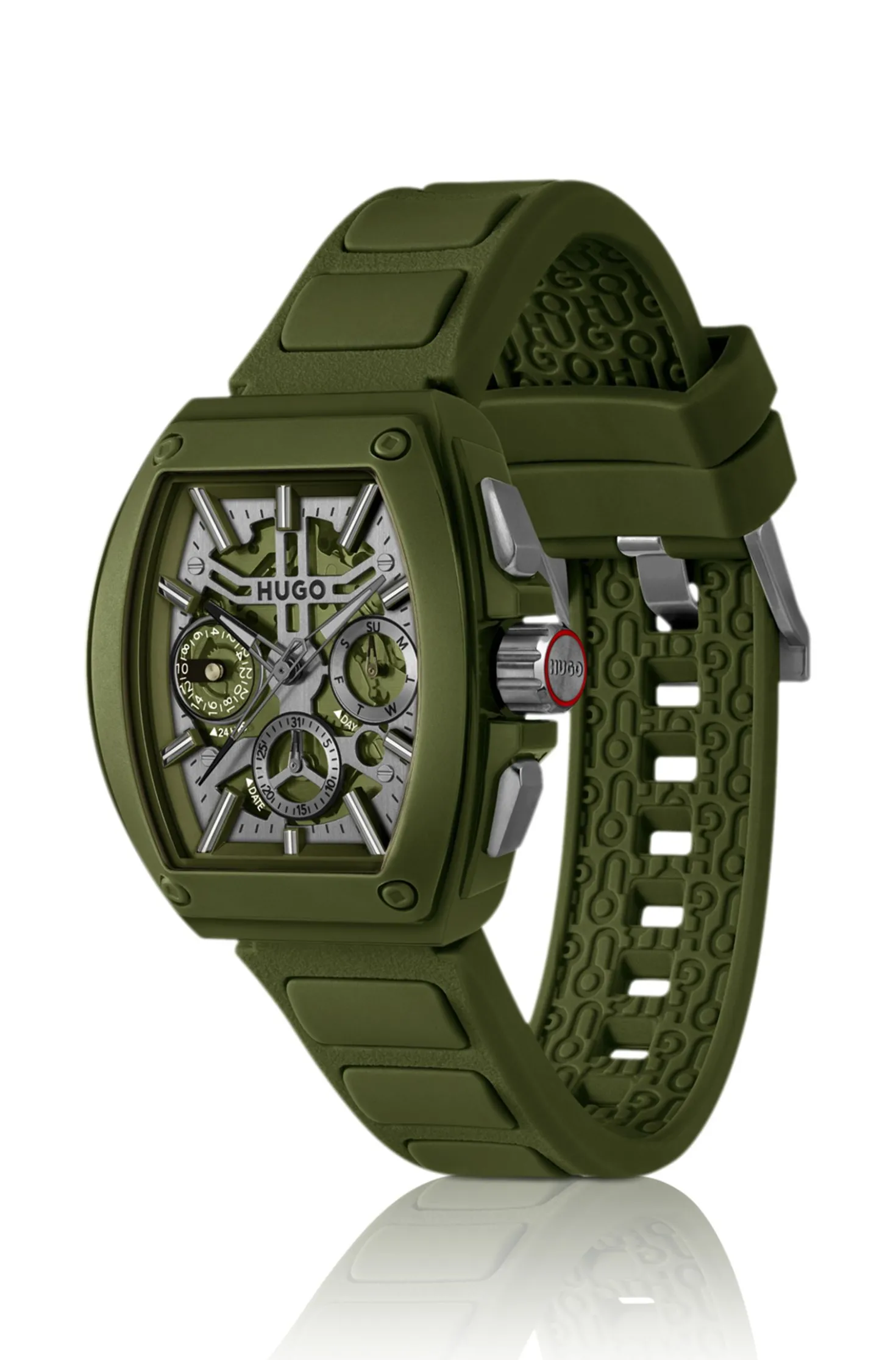 Grüne Uhr mit skelettiertem Zifferblatt und Silikonarmband