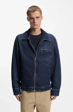 Jacke aus blauem Denim mit Reißverschluss und Brusttasche