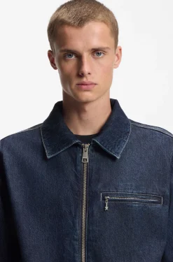 Jacke aus blauem Denim mit Reißverschluss und Brusttasche