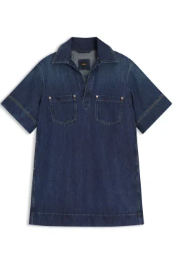 Kleid aus blauem Denim mit Johnny-Kragen