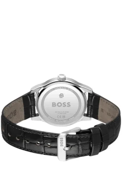 Langford Uhr mit schwarzem Zifferblatt und Lederarmband mit Kroko-Prägung