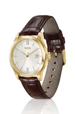Langford Uhr mit silberweißem Zifferblatt und geprägtem Lederarmband