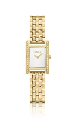 LUCY PRECIOUS Kristallverzierte, goldfarbene Uhr mit weißem Zifferblatt