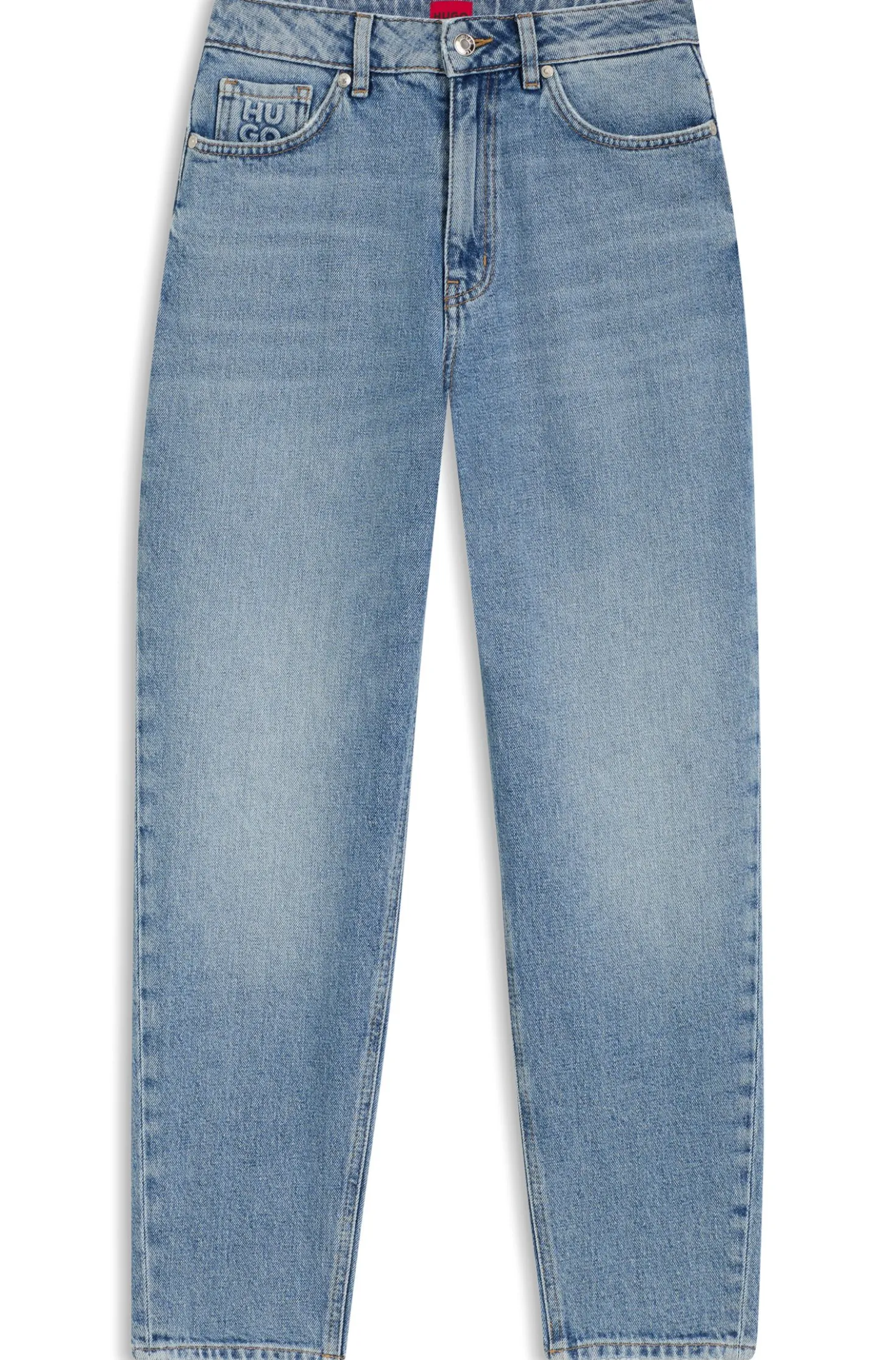Mom-Fit Jeans aus blauem Stretch-Denim mit Prägung an der Tasche