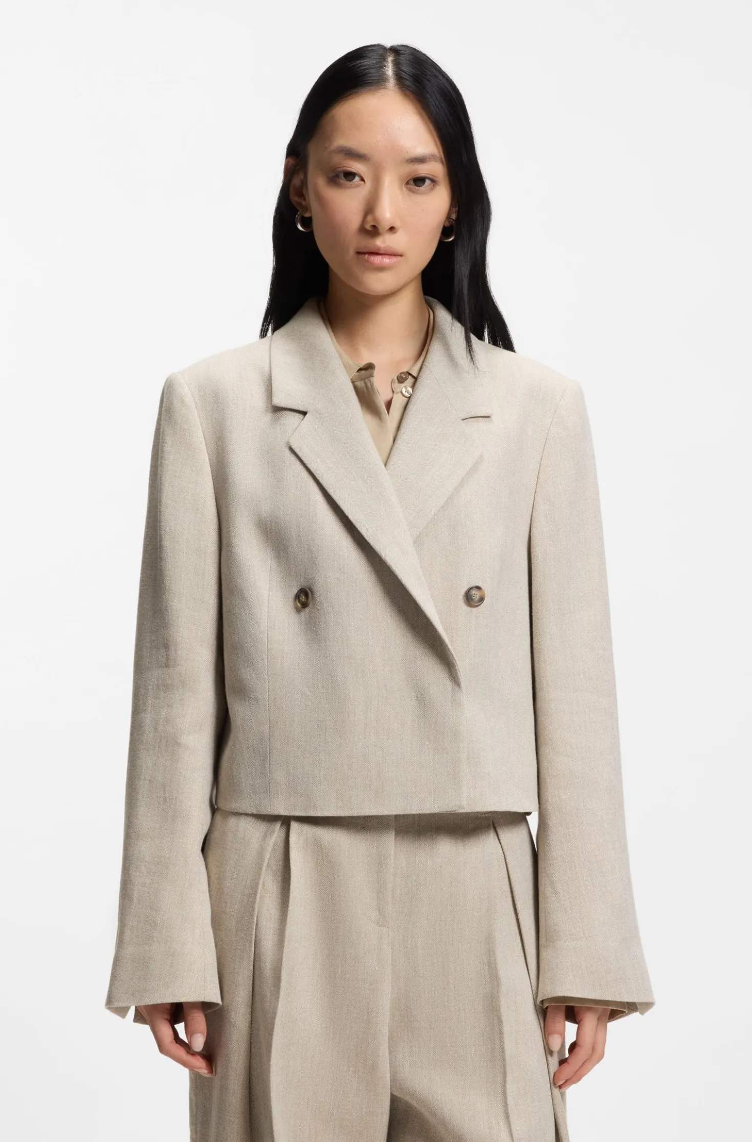 Oversized Blazer aus Fischgrät-Leinen-Mix