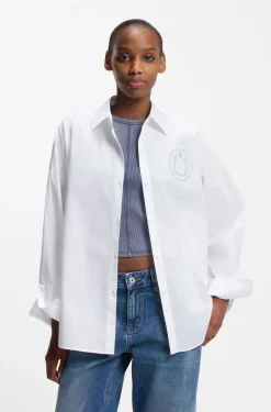 Oversized Bluse mit Happy HUGO Logo aus Strasssteinen