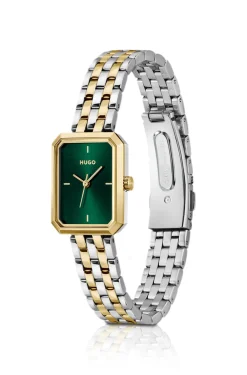 Rechteckige, zweifarbige Uhr mit grünem Zifferblatt