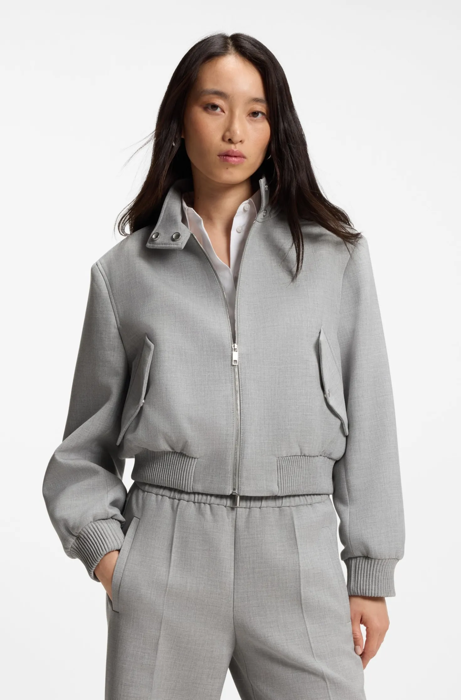 Regular-Fit Bomberjacke aus meliertem Stretch-Twill