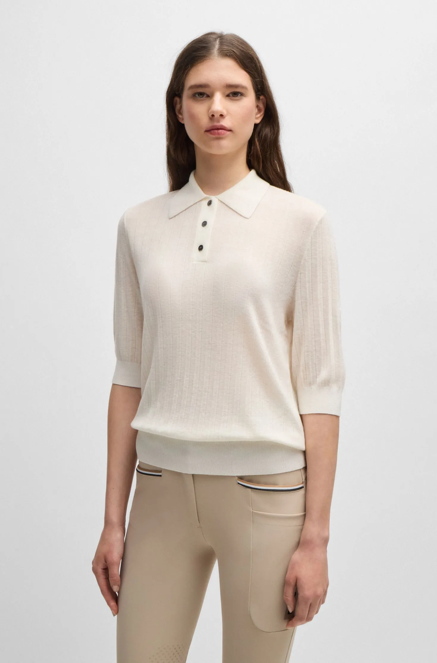 Reitsport-Poloshirt aus Rippstrick mit Oversized-Kragen