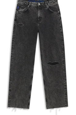 Relaxed-Fit Jeans aus schwarzem, festem Denim in Used-Optik
