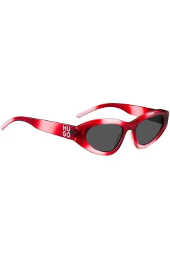 Rote Sonnenbrille mit Stack-Logo an den Bügeln