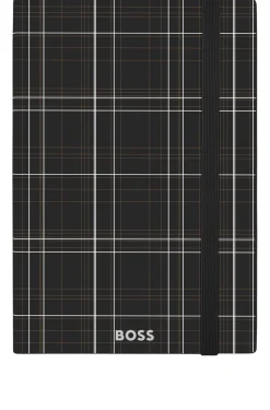 Schwarzes DIN-A5-Notizbuch mit Karo-Print und silberfarbenem Folien-Logo