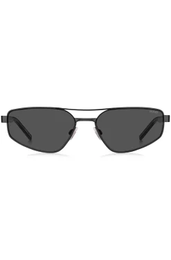 Schwarze Sonnenbrille aus Metall mit ausgestanztem Logo