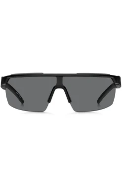 Schwarze Sonnenbrille im Masken-Stil mit 3D-Logo auf den Bügeln