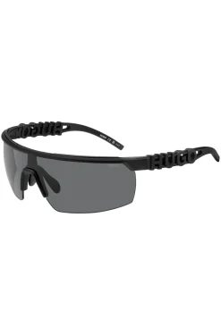 Schwarze Sonnenbrille im Masken-Stil mit 3D-Logo auf den Bügeln