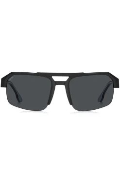 Schwarze Sonnenbrille mit Einsatz am Bügel und Logo