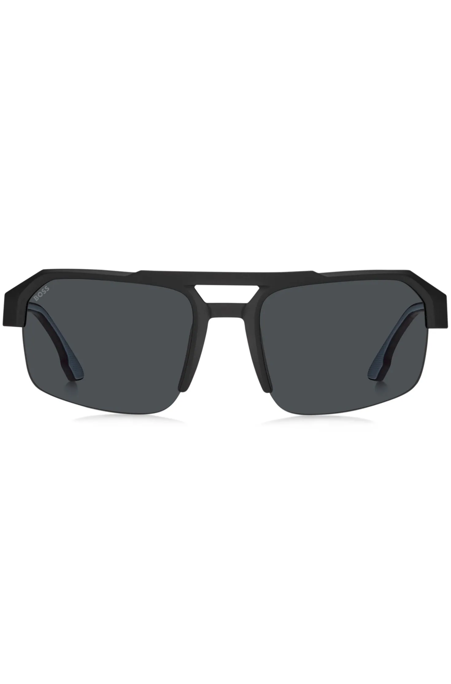 Schwarze Sonnenbrille mit Einsatz am Bügel und Logo
