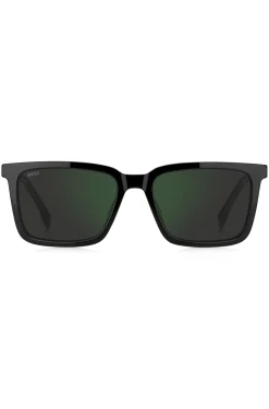 Schwarze Sonnenbrille mit gravierter Logo-Plakette