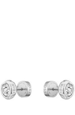 Silberfarbene Ohrstecker mit zentralem Kristall
